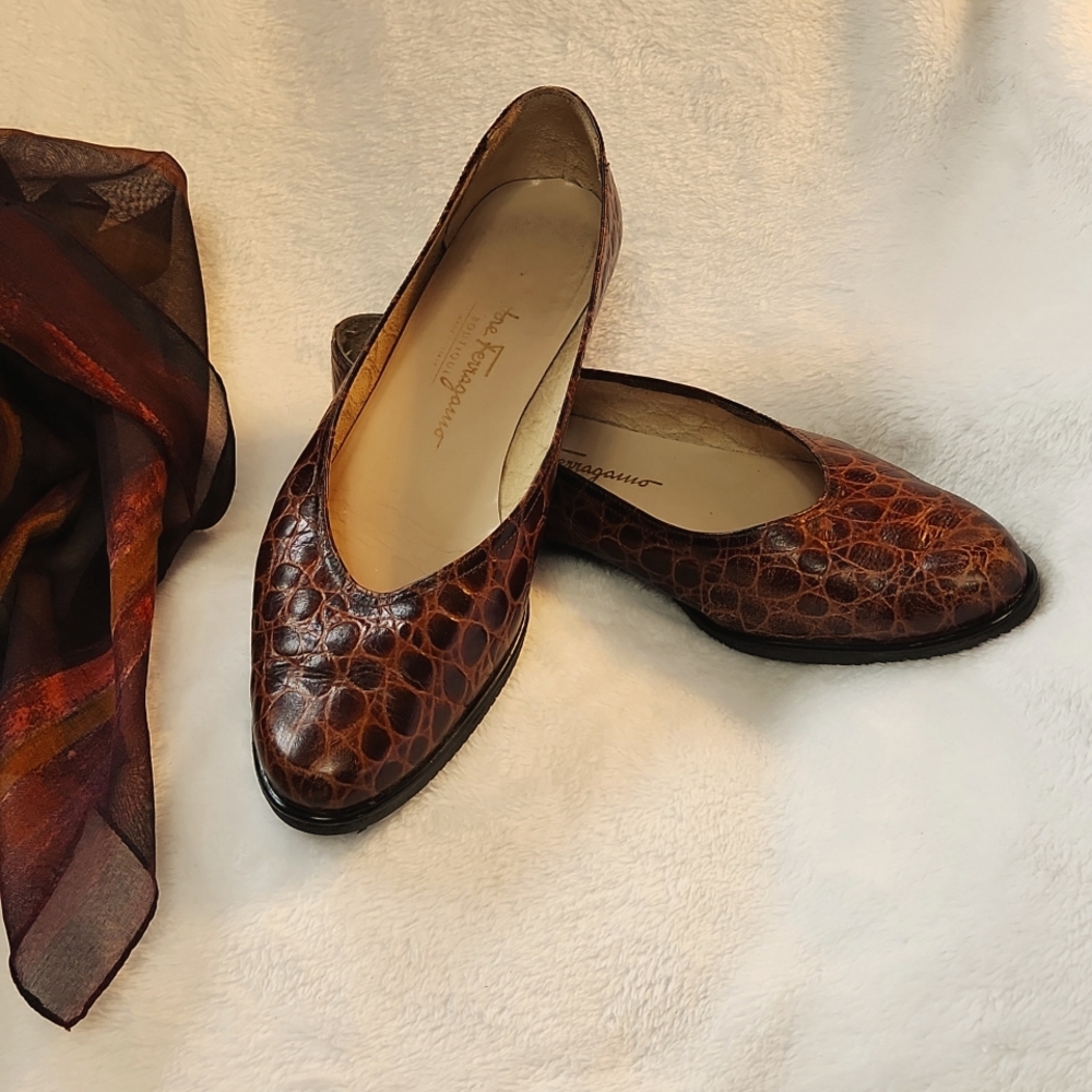 Salvatore Ferragamo Vintage Leather Crocodile Flats